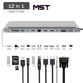 HUB 12 EN 1 TIPO C CON VGA / USB / TIPO C / 4K HDMI / PD PORT / VGA / 3.5 AUX / RJ 45 / SD / MICRO SD
