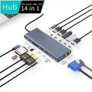 HUB 14 EN 1 TIPO C CON VGA / USB / 4K HDMI / PD PORT / 3.5 AUX / RJ 45 / SD / MICRO SD